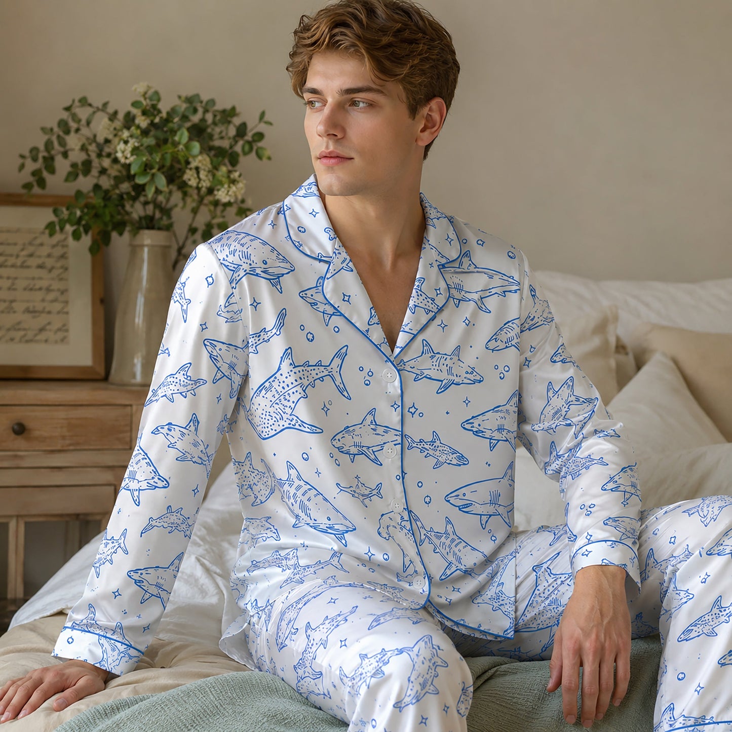 PJ-110-Unisex Men Women Cream Shark Print Satin Pajamas Nautical Great White Loungewear Sleepwear Nightwear Pjs Set