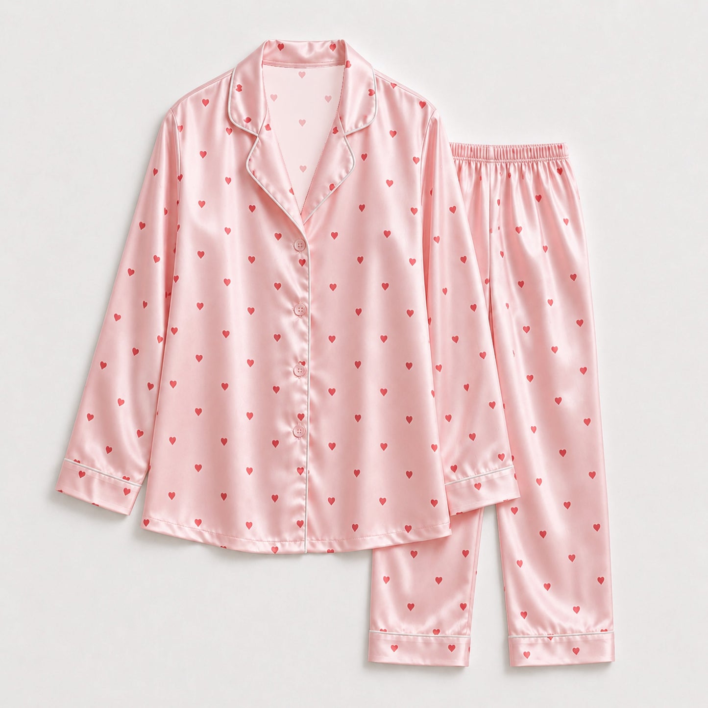 PJ-111-Unisex Men Women Pink Ditsy Heart Print Satin Pajamas Romantic Valentine Loungewear Sleepwear Nightwear Pjs Set