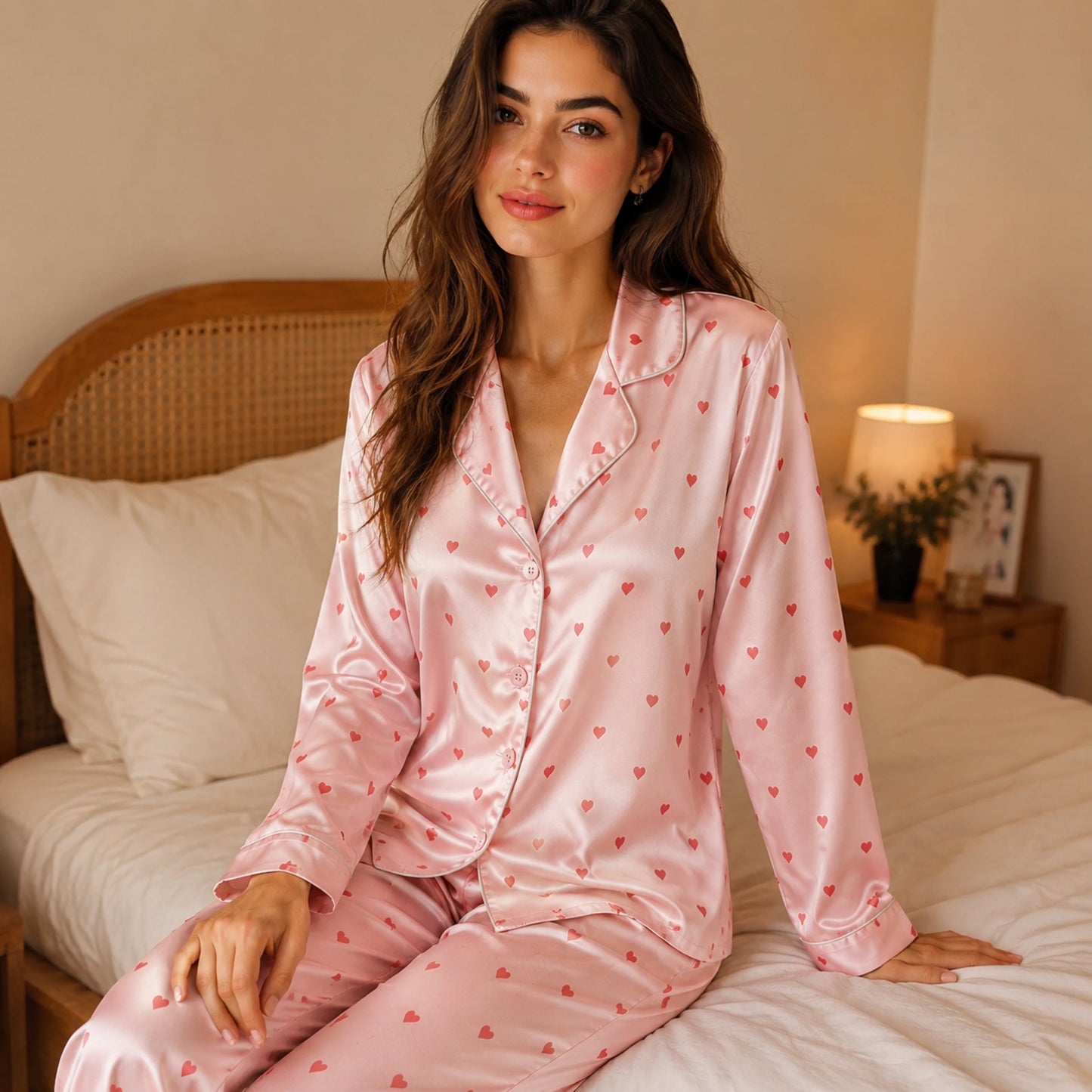 PJ-111-Unisex Men Women Pink Ditsy Heart Print Satin Pajamas Romantic Valentine Loungewear Sleepwear Nightwear Pjs Set