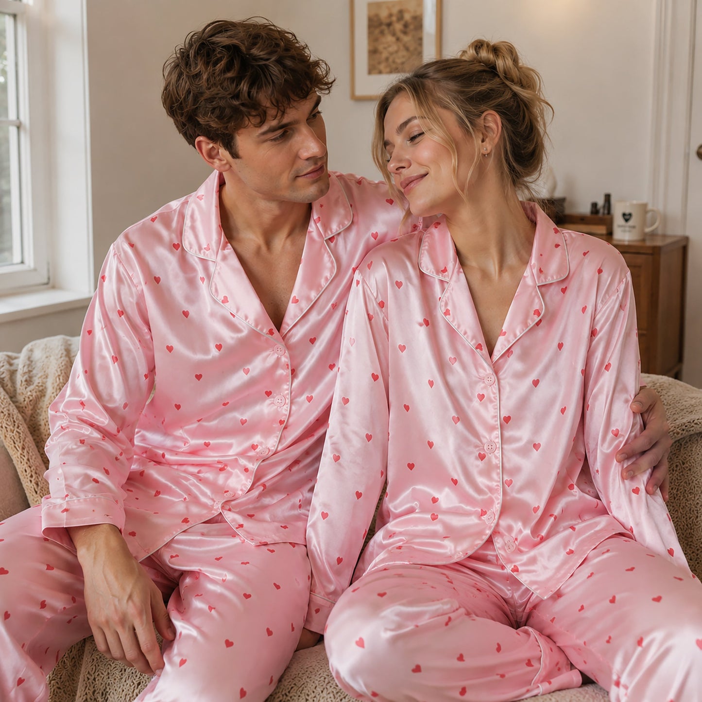 PJ-111-Unisex Men Women Pink Ditsy Heart Print Satin Pajamas Romantic Valentine Loungewear Sleepwear Nightwear Pjs Set