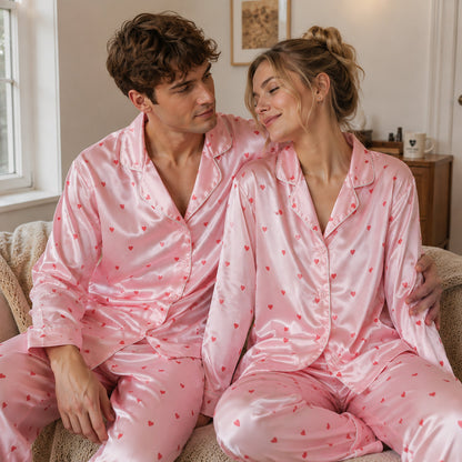 PJ-111-Unisex Men Women Pink Ditsy Heart Print Satin Pajamas Romantic Valentine Loungewear Sleepwear Nightwear Pjs Set