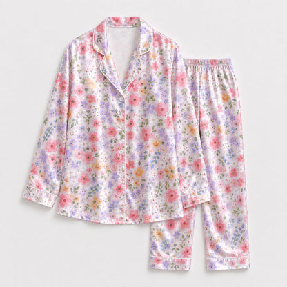 PJ-113-Pink Ditsy Floral Print Satin Pajamas Cottagecore Wildflower Loose Fit Loungewear Sleepwear Nightwear Pjs Clothing Set