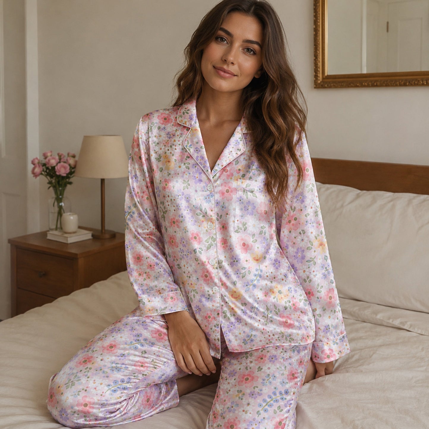 PJ-113-Pink Ditsy Floral Print Satin Pajamas Cottagecore Wildflower Loose Fit Loungewear Sleepwear Nightwear Pjs Clothing Set