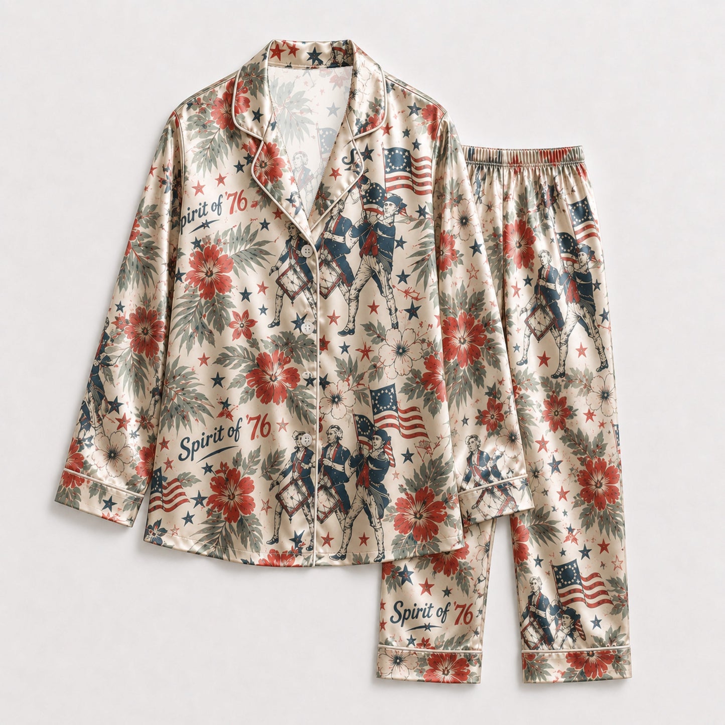 PJ-116-Satin Champagne Tropical Americana Classic Piping Button Up Pajama Set