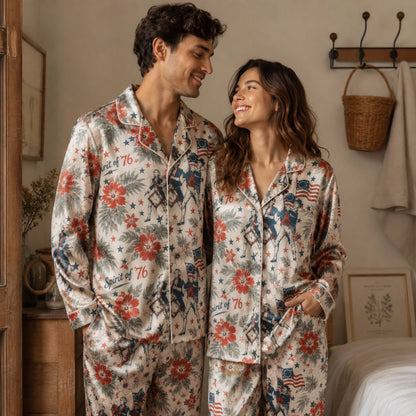 PJ-116-Satin Champagne Tropical Americana Classic Piping Button Up Pajama Set