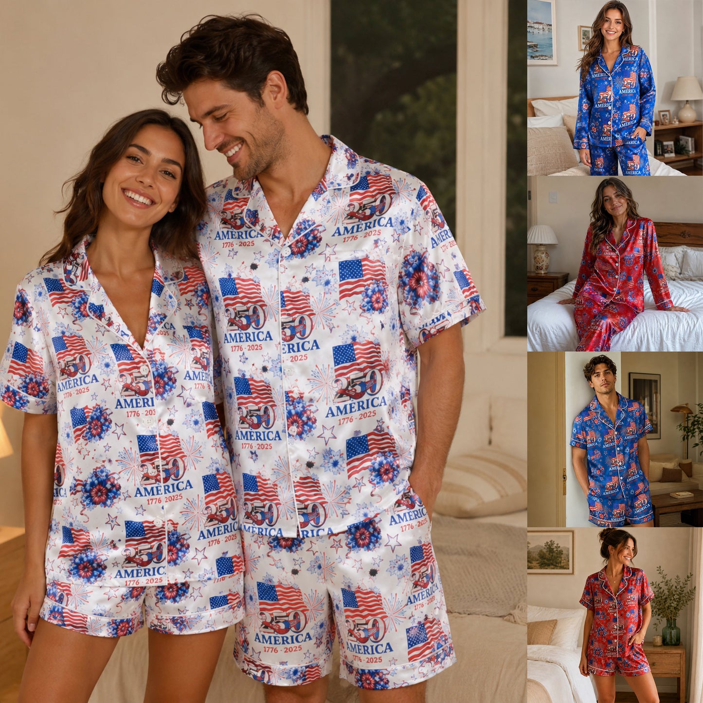 PJ-117-Patriotic Floral Satin Pajama Set With Colonial Drum Flag Print And Button Up Shirt