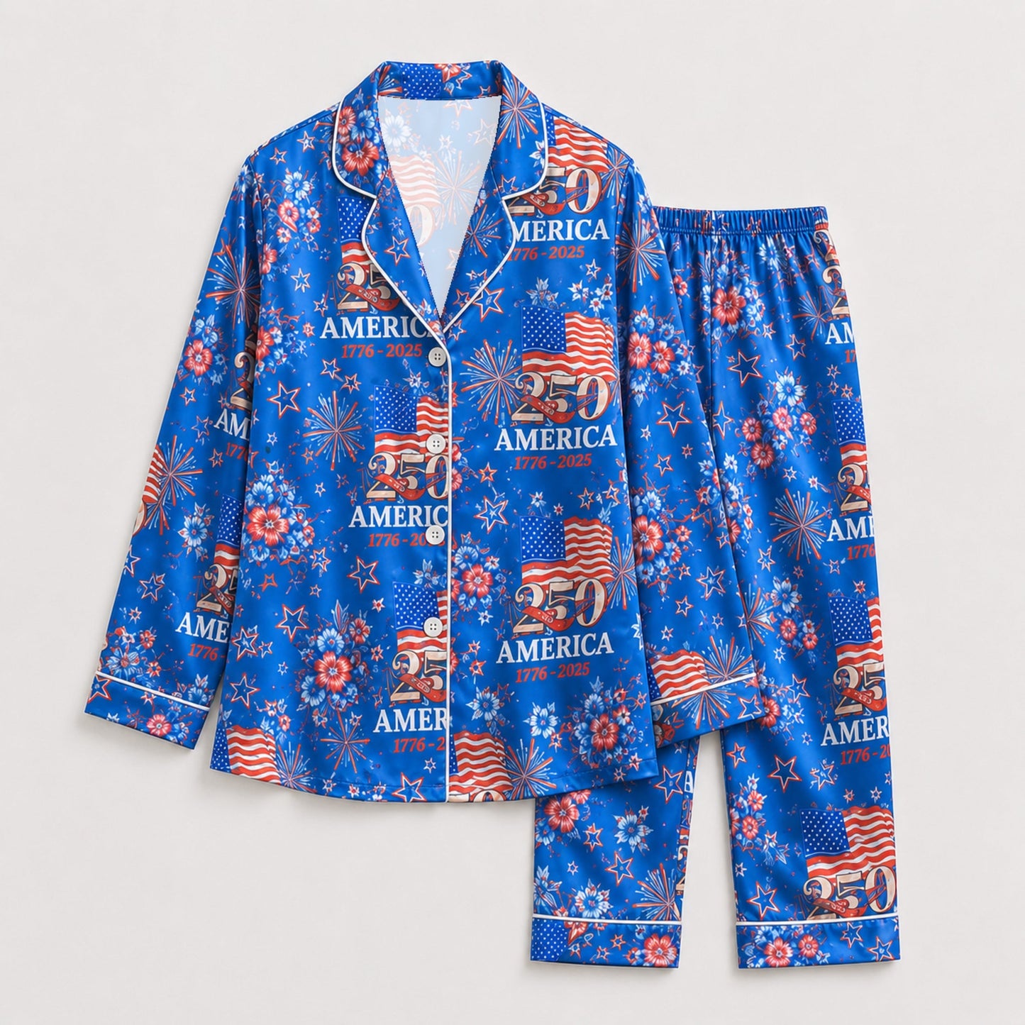 PJ-117-Patriotic Floral Satin Pajama Set With Colonial Drum Flag Print And Button Up Shirt