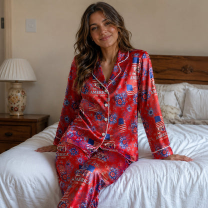 PJ-117-Patriotic Floral Satin Pajama Set With Colonial Drum Flag Print And Button Up Shirt