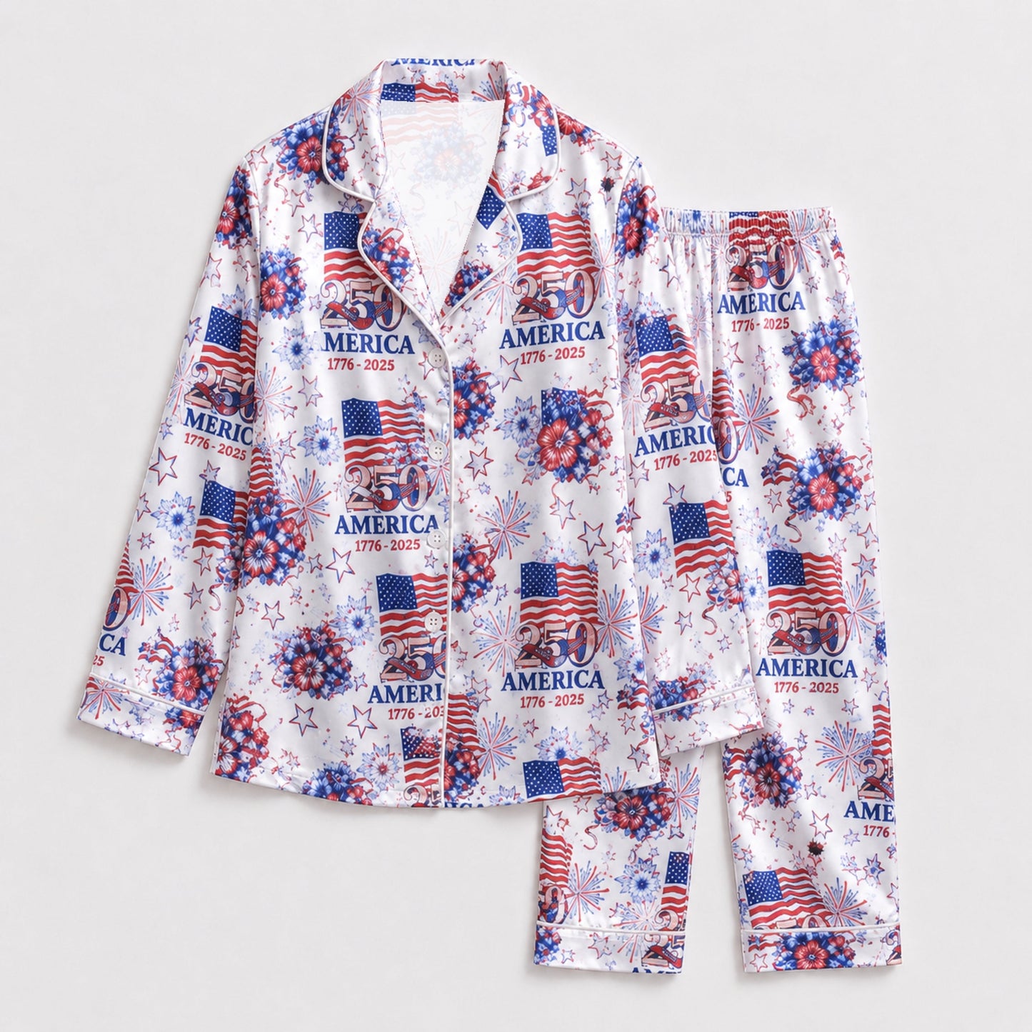 PJ-117-Patriotic Floral Satin Pajama Set With Colonial Drum Flag Print And Button Up Shirt