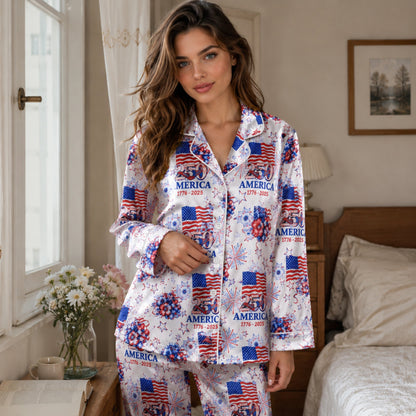 PJ-117-Patriotic Floral Satin Pajama Set With Colonial Drum Flag Print And Button Up Shirt