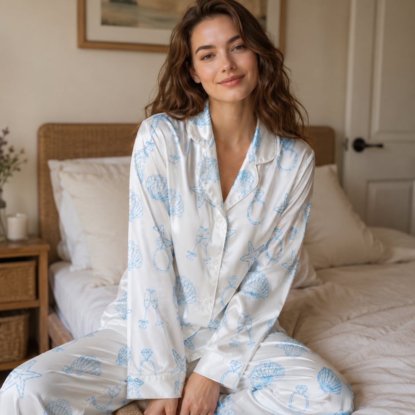PJ-118-Bridal Engagement Satin Pajamas Wedding Bachelorette Party Loungewear Sleepwear Nightwear White Pjs Two Piece Set