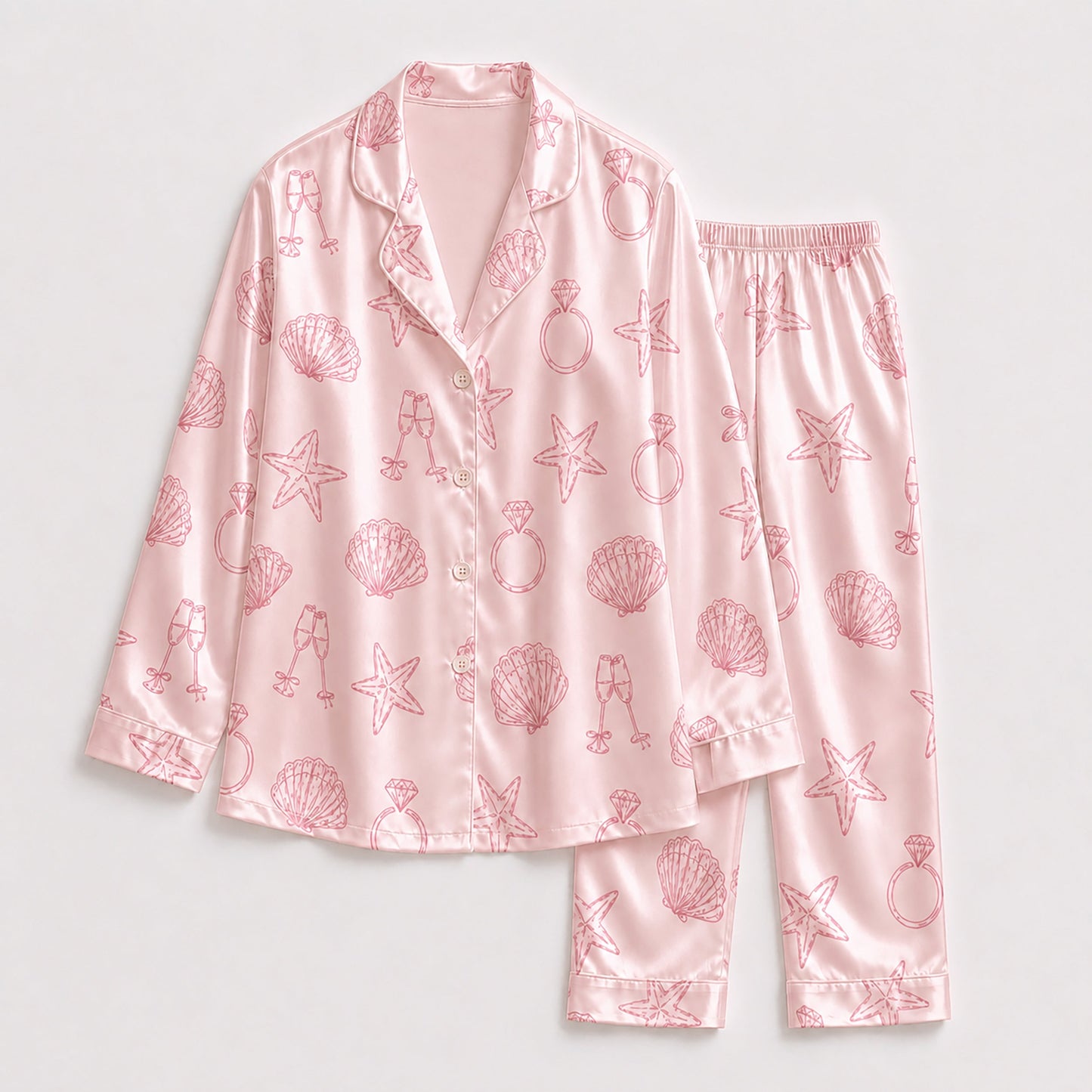 PJ-118-Bridal Engagement Satin Pajamas Wedding Bachelorette Party Loungewear Sleepwear Nightwear White Pjs Two Piece Set
