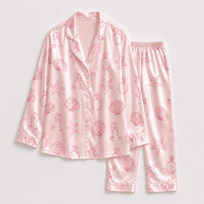 PJ-118-Bridal Engagement Satin Pajamas Wedding Bachelorette Party Loungewear Sleepwear Nightwear White Pjs Two Piece Set