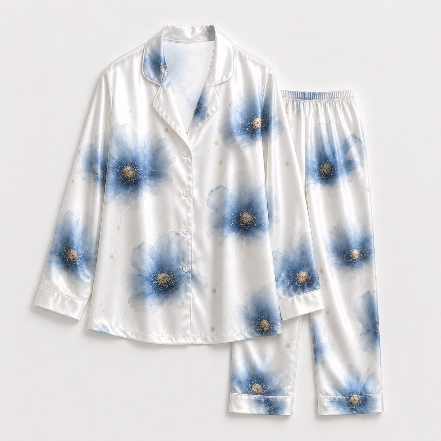 PJ-119-Watercolor Blossom Satin Pajama Set, Graphic Poppy Patterned Multicolor Unisex Loungewear Nightwear Apparel