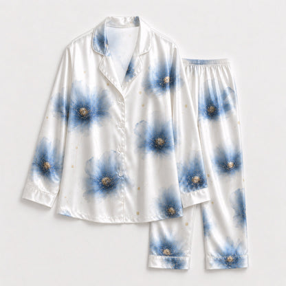 PJ-119-Watercolor Blossom Satin Pajama Set, Graphic Poppy Patterned Multicolor Unisex Loungewear Nightwear Apparel