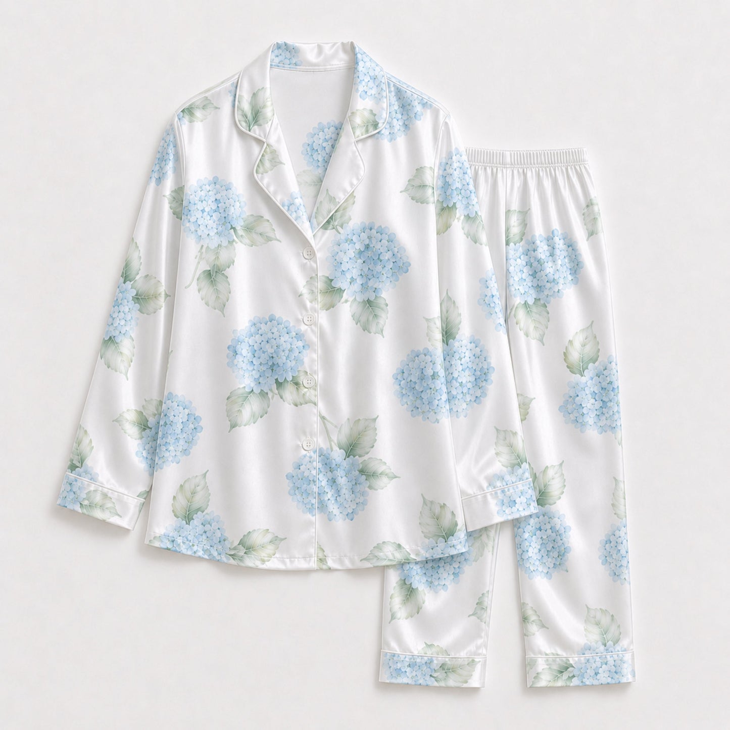 PJ-120-Unisex Hydrangea Floral Print Satin Pajamas Botanical Loungewear Sleepwear Nightwear Blue White Pjs Two Piece Set