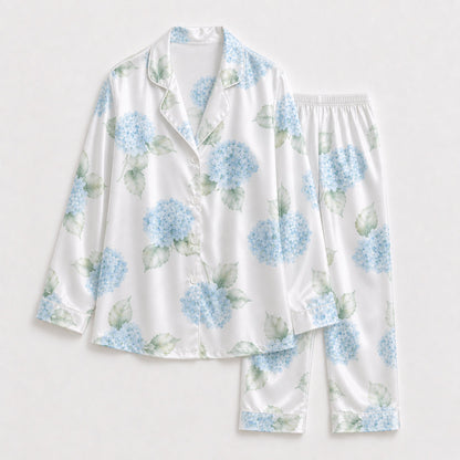 PJ-120-Unisex Hydrangea Floral Print Satin Pajamas Botanical Loungewear Sleepwear Nightwear Blue White Pjs Two Piece Set