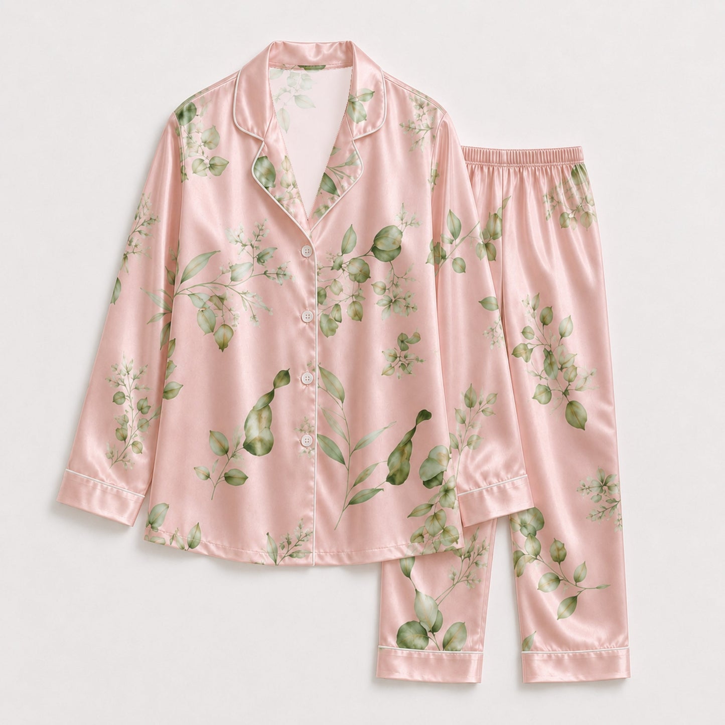PJ-121-Unisex Eucalyptus Leaves Print Satin Pajamas Botanical Loungewear Sleepwear Nightwear Blush Pink Pjs Two Piece Set