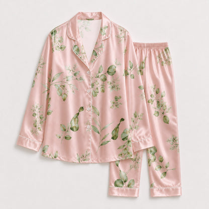 PJ-121-Unisex Eucalyptus Leaves Print Satin Pajamas Botanical Loungewear Sleepwear Nightwear Blush Pink Pjs Two Piece Set