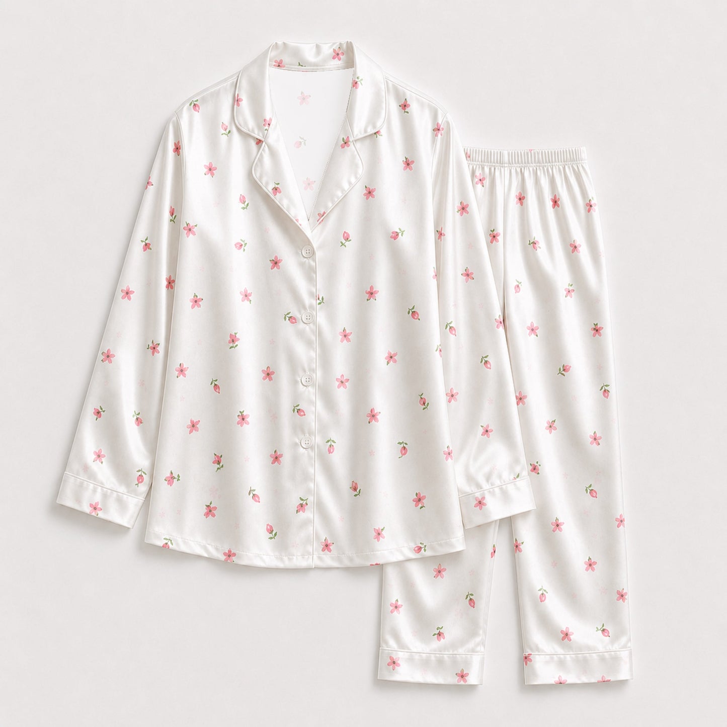 PJ-122-Women Ditsy Floral Print Satin Pajamas Tiny Blossom Loungewear Sleepwear Nightwear Pink White Pjs Two Piece Set