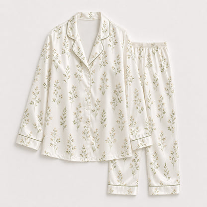 PJ-123-Cream Sage Greenery Leaf Print Satin Pajamas Cottagecore Botanical Loose Fit Loungewear Sleepwear Nightwear Pjs Clothing Set