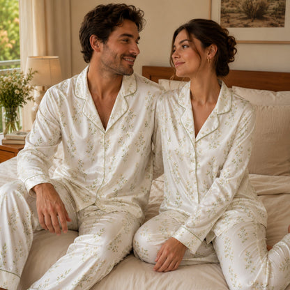 PJ-123-Cream Sage Greenery Leaf Print Satin Pajamas Cottagecore Botanical Loose Fit Loungewear Sleepwear Nightwear Pjs Clothing Set