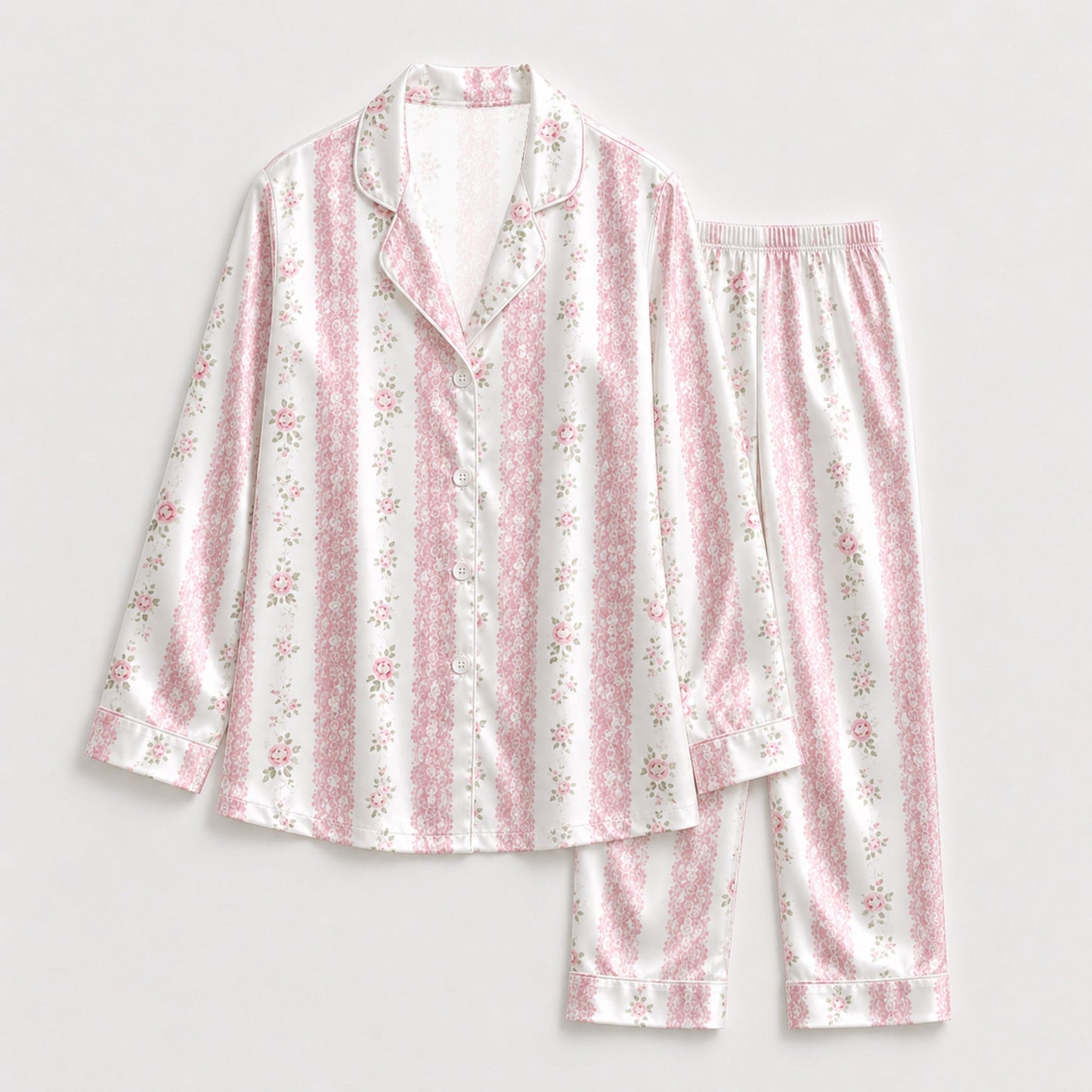 PJ-125-Vertical Floral Ribbon Pattern Pajamas Luxury Satin Cottage Garden Theme Boxy Fit Loungewear Sleepwear Nightwear Apparel Set