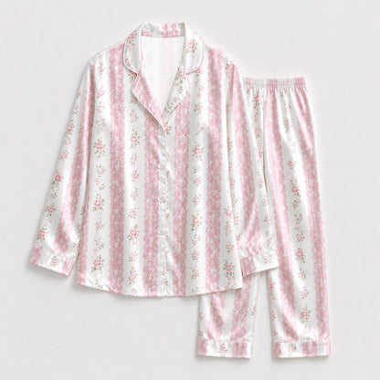 PJ-125-Vertical Floral Ribbon Pattern Pajamas Luxury Satin Cottage Garden Theme Boxy Fit Loungewear Sleepwear Nightwear Apparel Set