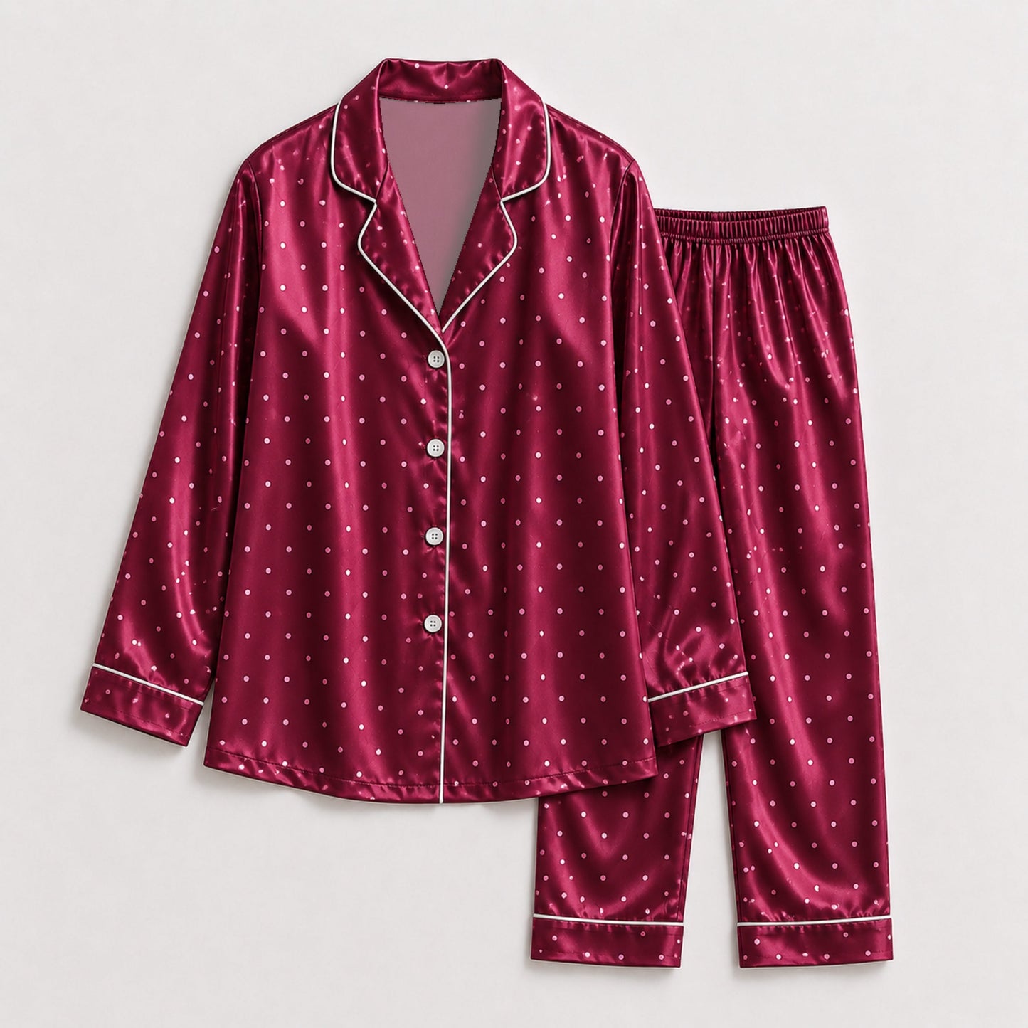 PJ-126-Women Polka Dot Print Satin Pajamas Classic Spot Loungewear Sleepwear Nightwear Burgundy White Pjs Two Piece Set