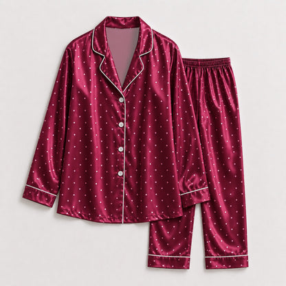 PJ-126-Women Polka Dot Print Satin Pajamas Classic Spot Loungewear Sleepwear Nightwear Burgundy White Pjs Two Piece Set
