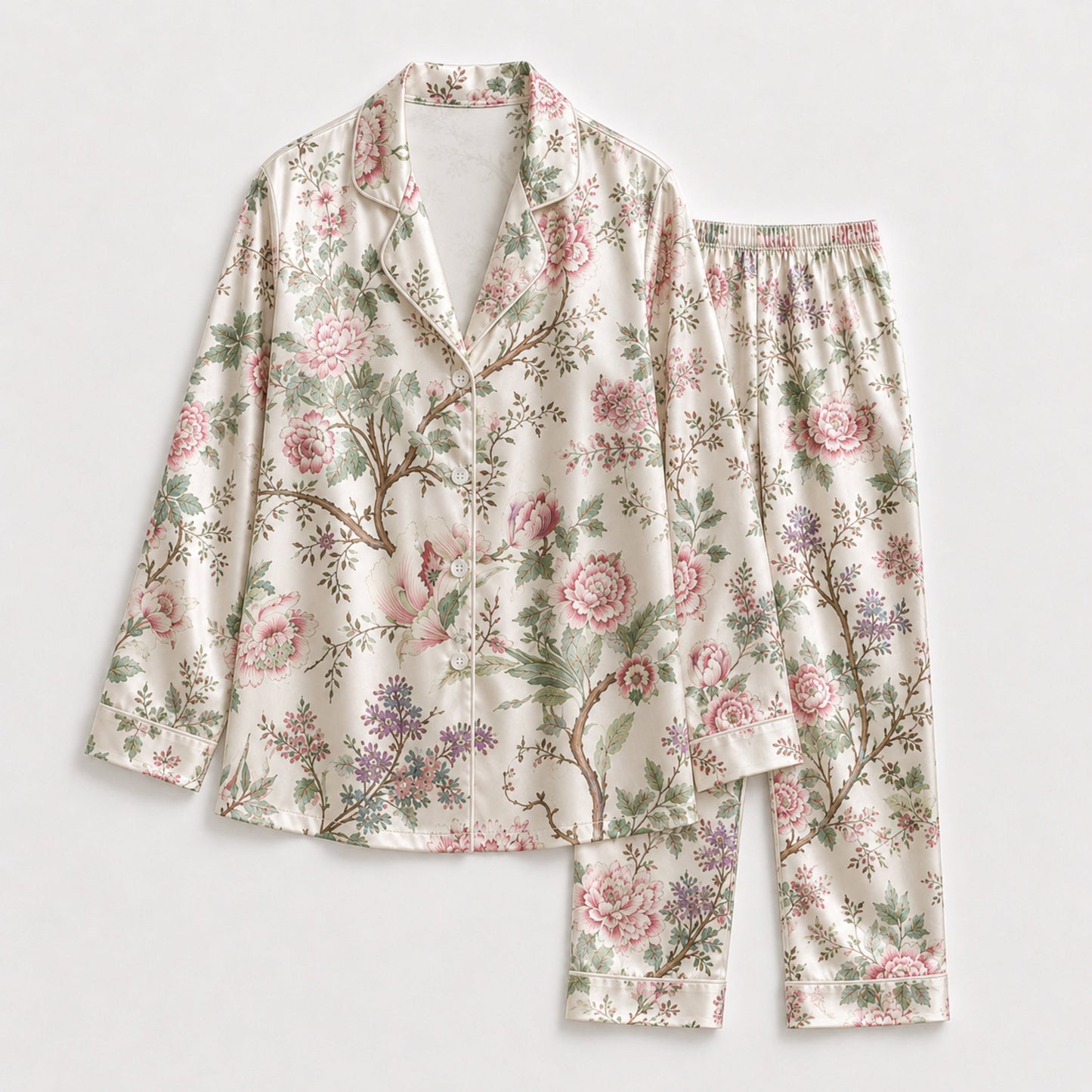 PJ-127-Cream Chinoiserie Peony Floral Print Satin Pajamas Oriental Blossom Loose Fit Loungewear Sleepwear Nightwear Pjs Clothing Set