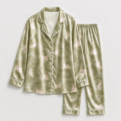 PJ-129-Sage Green Rabbit Bunny Print Satin Pajamas Whimsical Starry Loose Fit Loungewear Sleepwear Nightwear Pjs Clothing Set