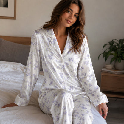 PJ-130-Purple Botanical Pattern Pajamas Luxury Satin Ditsy Blossom Theme Boxy Fit Elegant Loungewear Sleepwear Nightwear Apparel Set