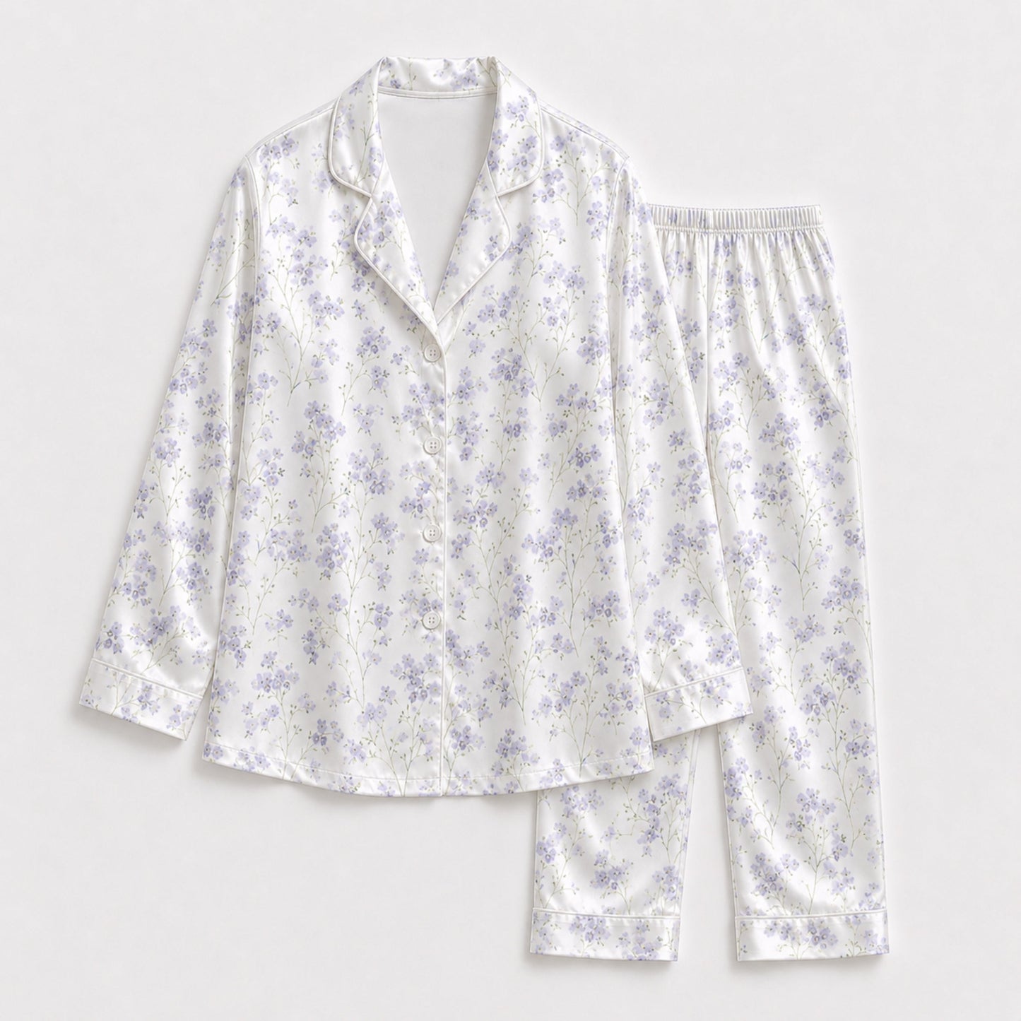 PJ-130-Purple Botanical Pattern Pajamas Luxury Satin Ditsy Blossom Theme Boxy Fit Elegant Loungewear Sleepwear Nightwear Apparel Set