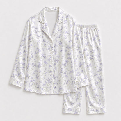 PJ-130-Purple Botanical Pattern Pajamas Luxury Satin Ditsy Blossom Theme Boxy Fit Elegant Loungewear Sleepwear Nightwear Apparel Set