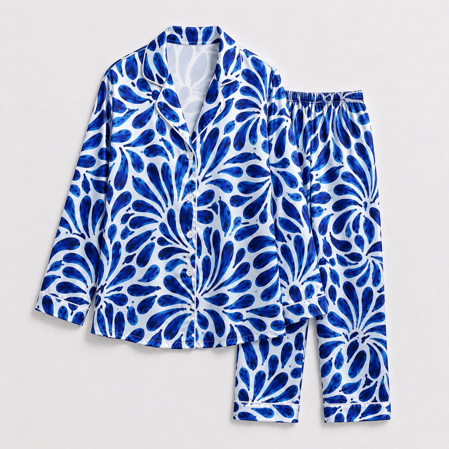 PJ-131-White Blue Abstract Floral Print Satin Pajamas Mediterranean Petal Loose Fit Loungewear Sleepwear Nightwear Pjs Set