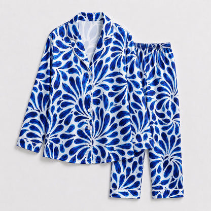 PJ-131-White Blue Abstract Floral Print Satin Pajamas Mediterranean Petal Loose Fit Loungewear Sleepwear Nightwear Pjs Set