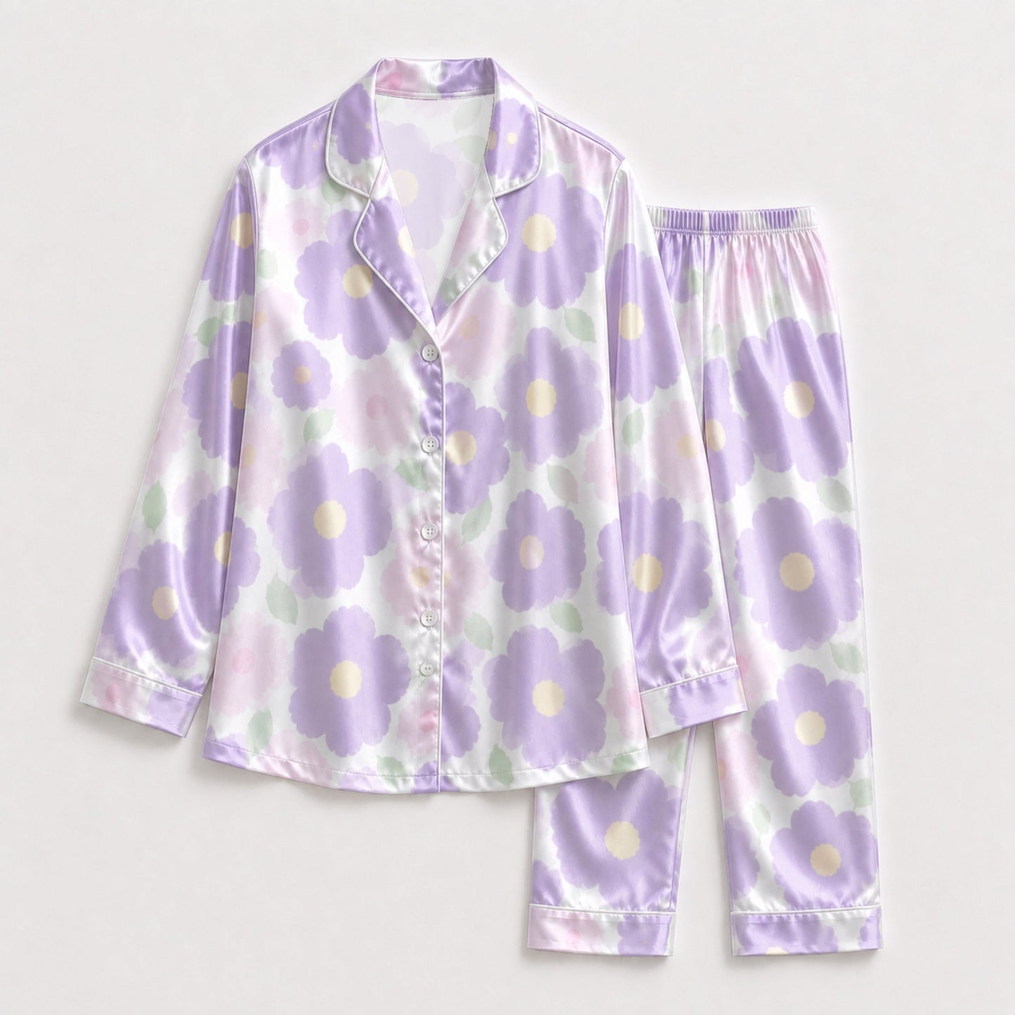 PJ-132-Abstract Botanical Pattern Pajamas Luxury Satin Pastel Violet Theme Boxy Fit Loungewear Sleepwear Nightwear Apparel Set