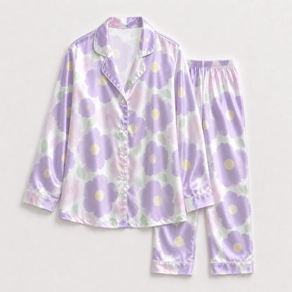 PJ-132-Abstract Botanical Pattern Pajamas Luxury Satin Pastel Violet Theme Boxy Fit Loungewear Sleepwear Nightwear Apparel Set