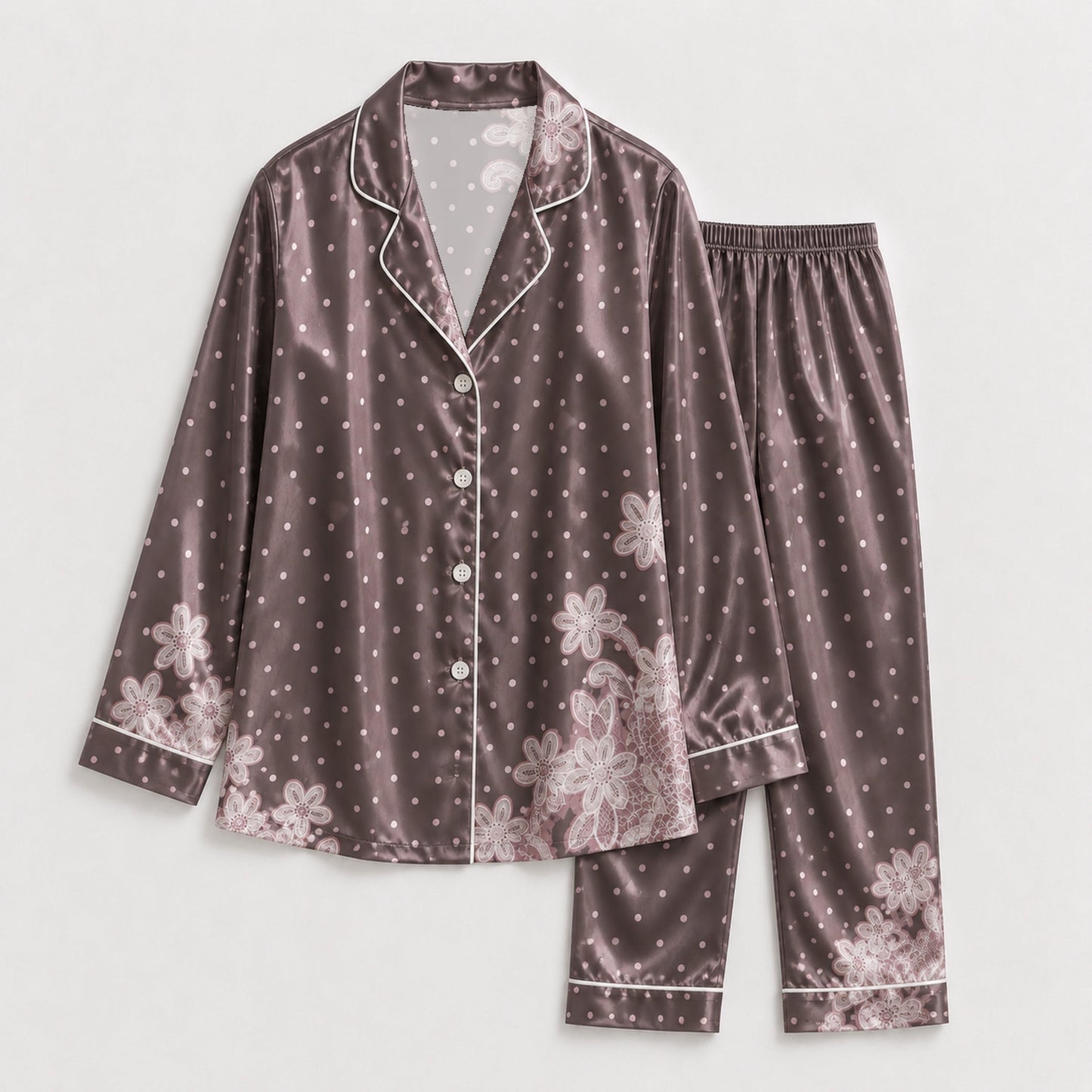 PJ-133-Women Polka Dot Satin Pajamas Floral Border Pattern Loungewear Sleepwear Nightwear Brown Taupe Pjs Matching Set