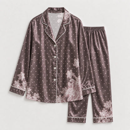 PJ-133-Women Polka Dot Satin Pajamas Floral Border Pattern Loungewear Sleepwear Nightwear Brown Taupe Pjs Matching Set