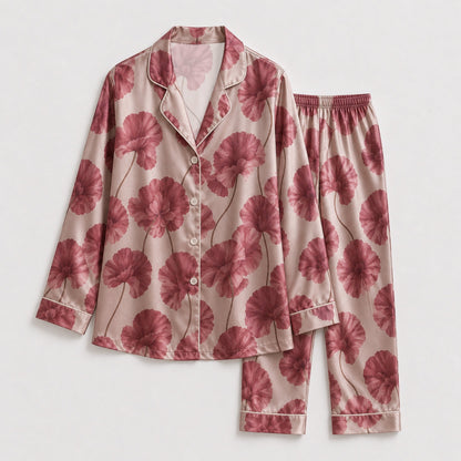 PJ-134-Romantic Floral Satin Pajama Set, Mauve Flower Button Up Nightwear, Cozy Matching Set