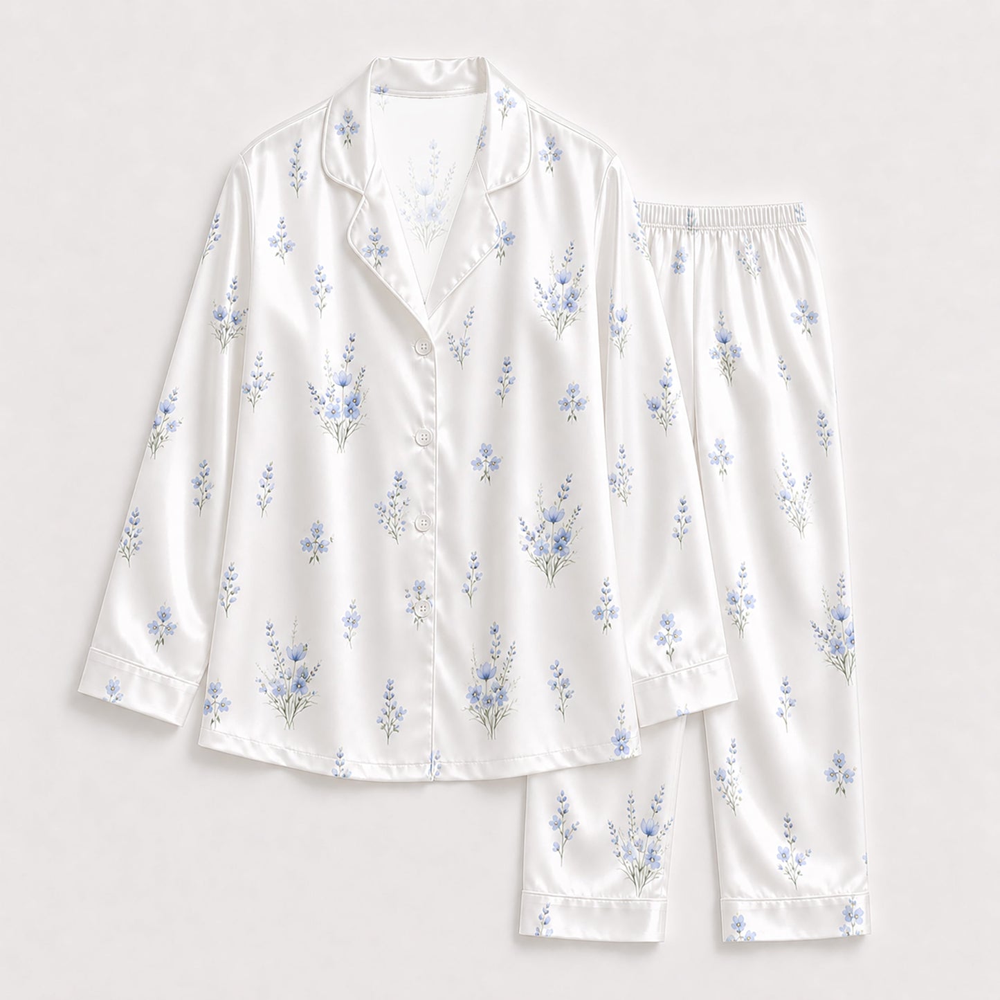 PJ-135-Minimal Blue Floral Satin Pajama Set, White Button Up Shirt, Delicate Botanical Sleepwear Gift