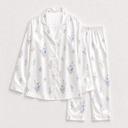 PJ-135-Minimal Blue Floral Satin Pajama Set, White Button Up Shirt, Delicate Botanical Sleepwear Gift