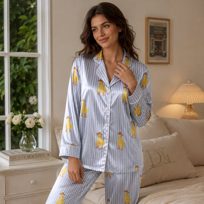 PJ-136-Blue Striped Duck Satin Pajama Set, Silky Button Up PJs, Cute Animal Print Sleepwear, Matching Lounge Set Gift