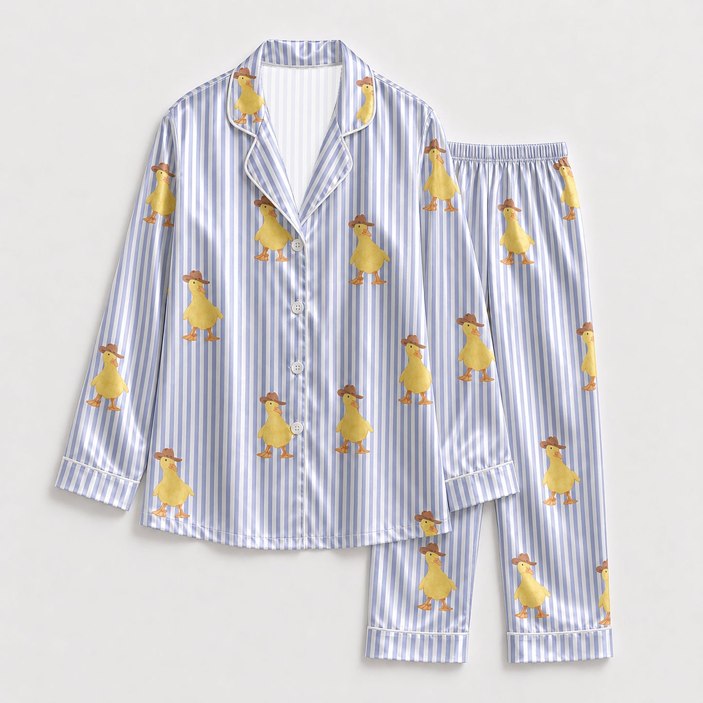 PJ-136-Blue Striped Duck Satin Pajama Set, Silky Button Up PJs, Cute Animal Print Sleepwear, Matching Lounge Set Gift