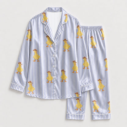 PJ-136-Blue Striped Duck Satin Pajama Set, Silky Button Up PJs, Cute Animal Print Sleepwear, Matching Lounge Set Gift