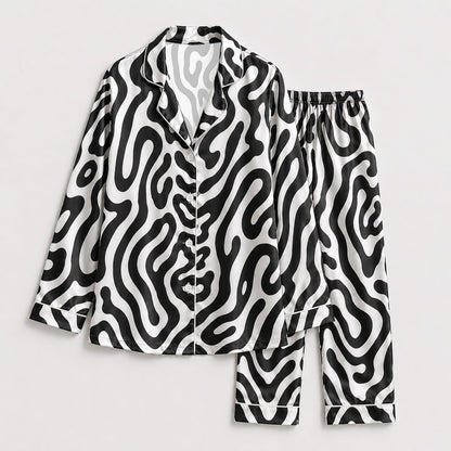 PJ-137-Black White Wavy Satin Pajama Set, Silky Button Up PJs, Modern Abstract Pattern Sleepwear, Matching Lounge Set Gift