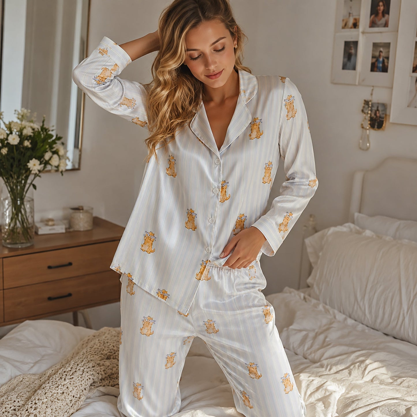 PJ-138-Cute Cat Blue Striped Pajama Set, Silky Satin PJs, Funny Cat Lover Gift, Bridal Party Sleepwear, Cozy Morning Loungewear