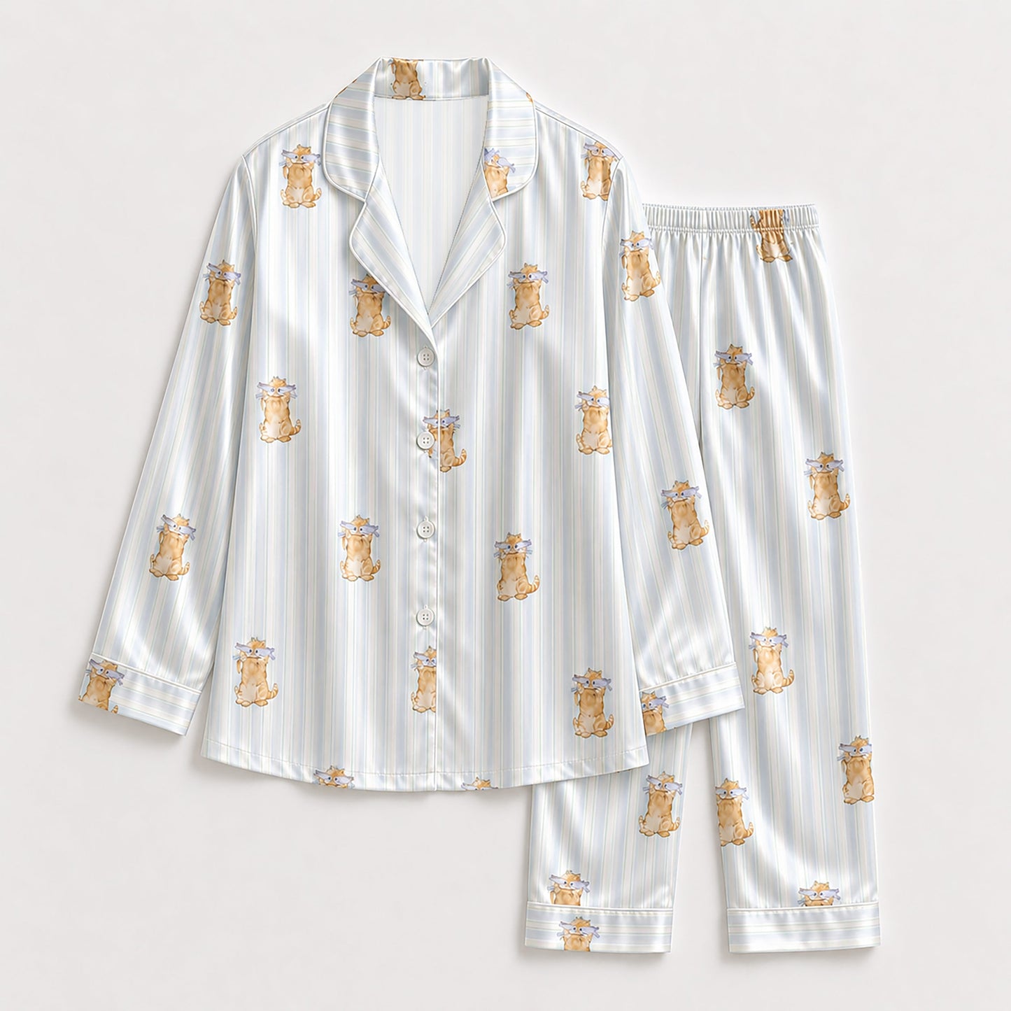 PJ-138-Cute Cat Blue Striped Pajama Set, Silky Satin PJs, Funny Cat Lover Gift, Bridal Party Sleepwear, Cozy Morning Loungewear